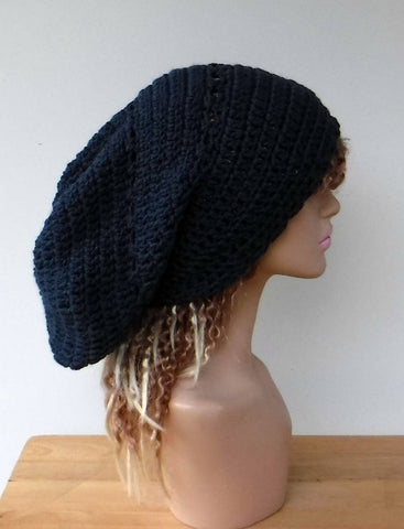 Dark denim blue slouchy large Tam Dreadlock Hippie Beanie Dread Hat handmade crochet unisex